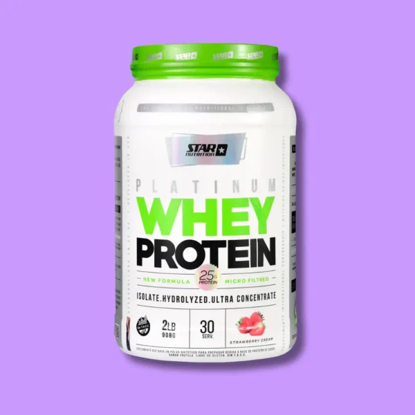 Envase de proteína Whey Star Nutrition, ideal para desarrollo muscular y recuperación