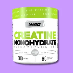 Frasco verde y blanco de creatina monohidratada Star Nutrition 300g sabor neutro