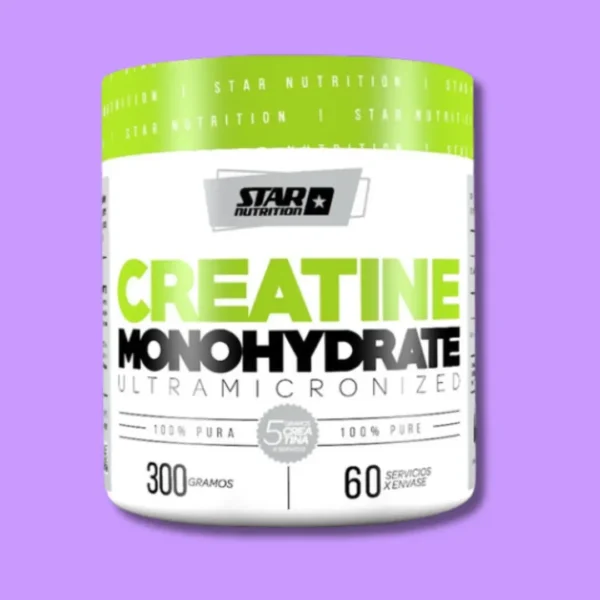 Frasco verde y blanco de creatina monohidratada Star Nutrition 300g sabor neutro