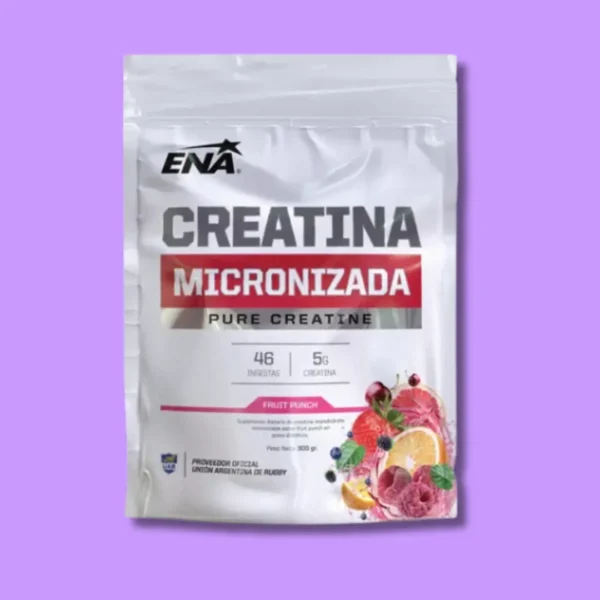 Frasco de creatina micronizada saborizada ENA 300g, ideal para fuerza y rendimiento