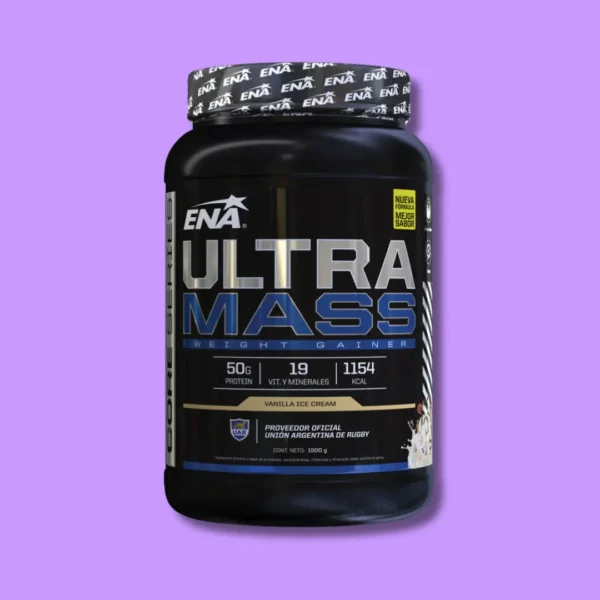 Envase de Ultra Mass ENA, ganador de peso con proteínas y carbohidratos