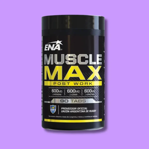 Envase negro de Muscle Max ENA, suplemento para ganancia de masa muscular