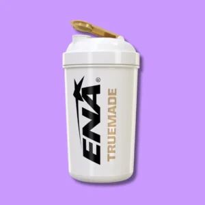 Shaker blanco con tapa de ENA, ideal para batidos de suplementos
