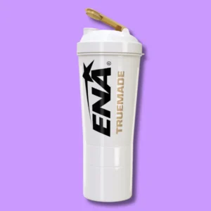 Shaker negro con tapa blanca de ENA, ideal para batidos de suplementos