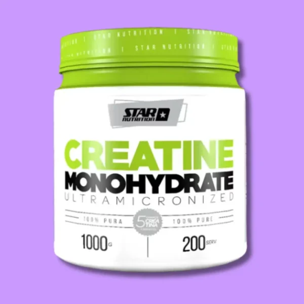 Frasco blanco y verde de creatina monohidratada Star Nutrition 1kg