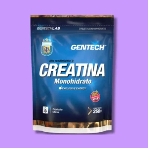 Paquete azul y dorado de creatina monohidratada Gentech 250g