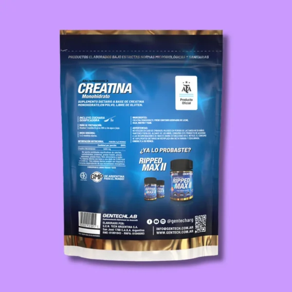 Paquete azul y dorado de creatina monohidratada Gentech 250g
