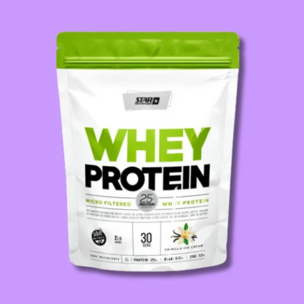 Doypack blanco y verde de proteína de suero Star Nutrition, ideal para desarrollo muscular