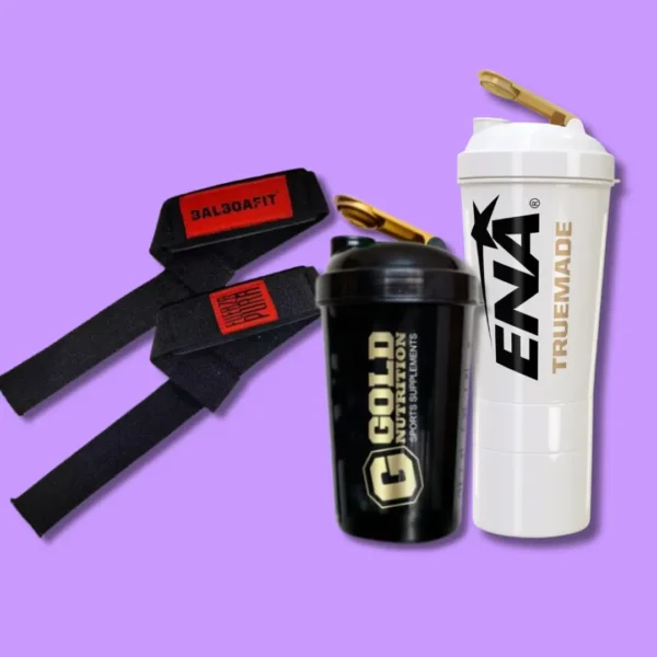 Shakers, vasos, botellas y straps deportivos